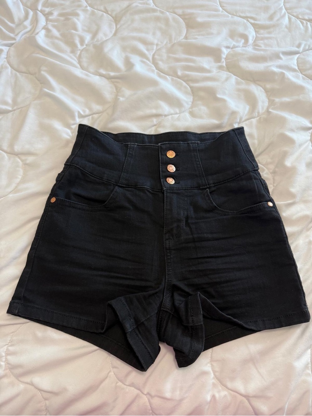 Guess High-Waist Black Denim Shorts with Rose Gold Buttons